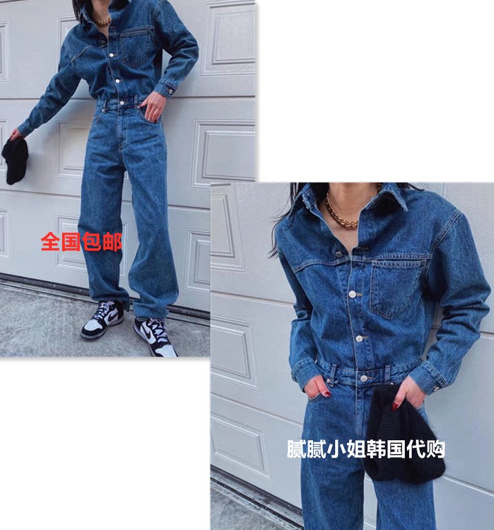 韩国东大门代购 早春翻领水洗排扣长袖帅气工装牛仔连体裤