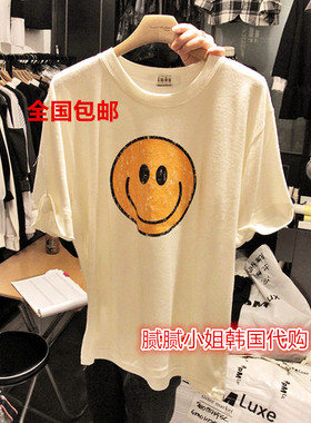韩国代购INES 乳白黑色超潮smiling face针织棉tee