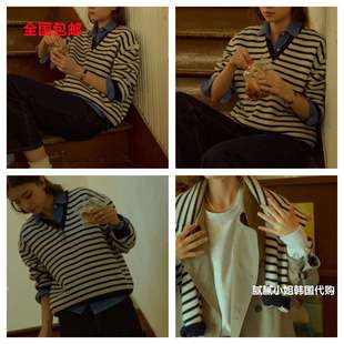 韩国Vegetable092606秋冬 复古 条纹 羊毛V领毛衣