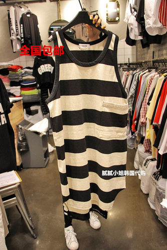 YEON-U 韩国东大门代购 宽条纹无袖连衣裙