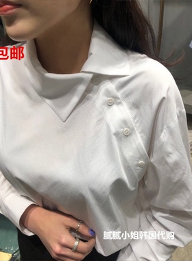 25早春韩国东大门代购hacer个性设计翻领斜扣长袖衬衫