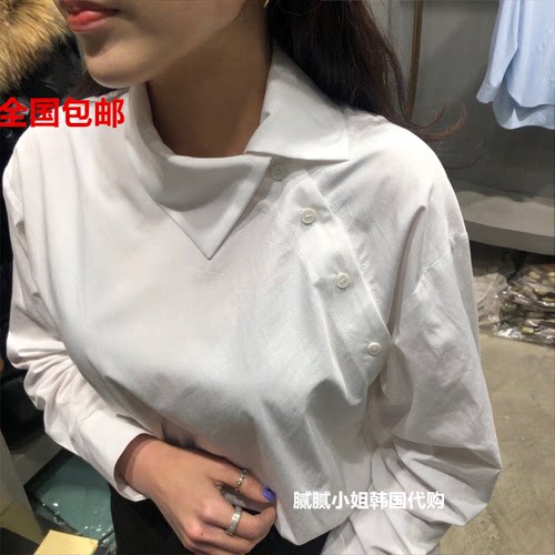 26早春韩国东大门代购hacer个性设计翻领斜扣长袖衬衫