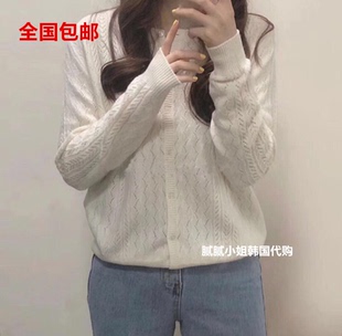 韩国东大门vegetable新品秋冬镂空圆领纽扣羊毛开衫毛衣