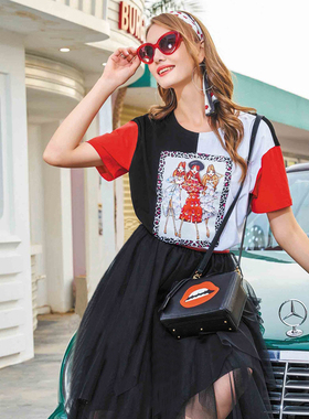 珈姿莱尔 专柜正品 百搭时尚 轻薄透气订钻撞色洋气气质T恤JB2008