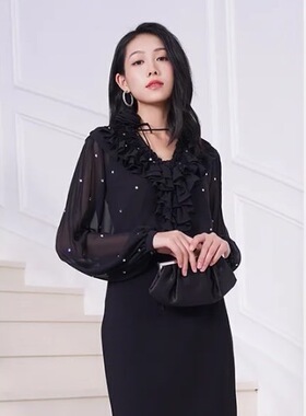 珈姿系列 时尚百搭秋冬款 通勤V领 时尚衬衣 上衣 B1076