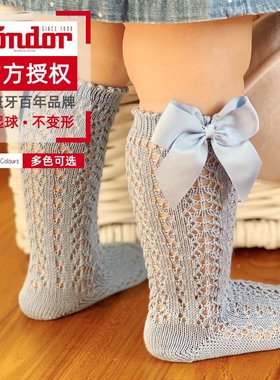 现货西班牙Condor女童夏薄镂空蝴蝶结中筒袜宝宝纯棉透气网眼袜子
