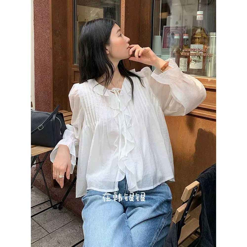 甜美风重工压褶荷叶边飘带薄款衬T恤