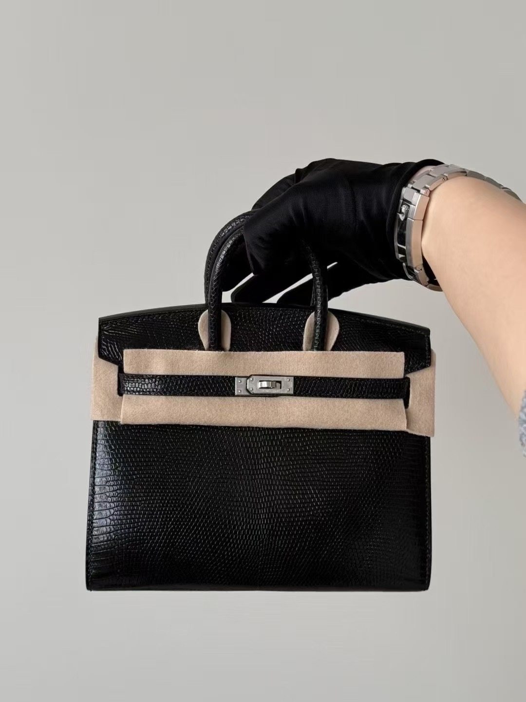 蜥蜴皮铂金包手工定制迷你bk20黑银蜥蜴手提包