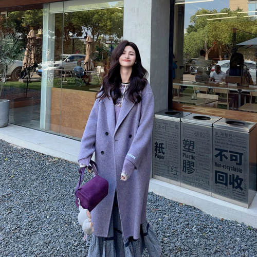 伊迪卡双面羊毛戗驳领女大衣秋冬