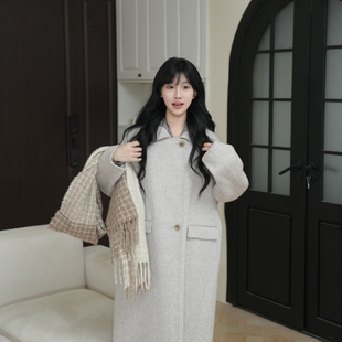 伊迪卡韩版手缝双面羊毛大衣女中长款连帽宽松百搭春秋冬外套冬季