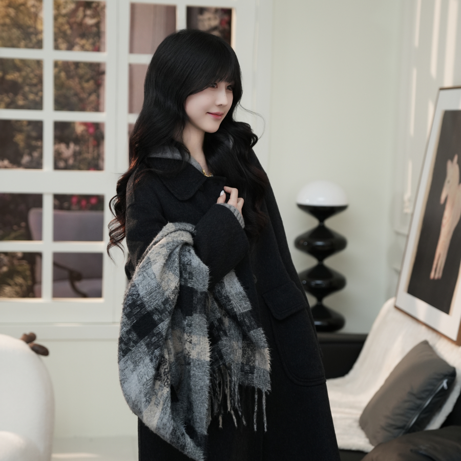 伊迪卡春秋冬娃娃领显瘦中长款毛呢外套女韩版小个子时尚百搭宽松