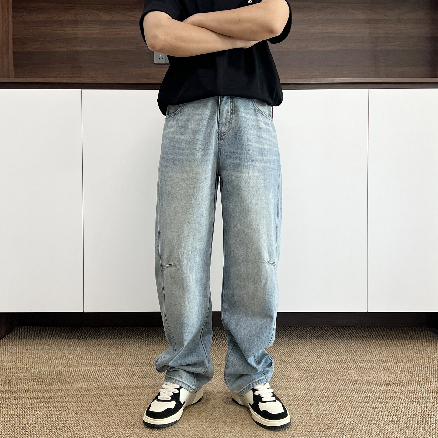 弯刀牛仔裤男款潮流新款水洗复古美式宽松直筒牛仔裤男士休闲裤子