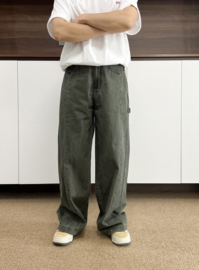 男士潮流个性后袋休闲百搭水洗军绿色直筒牛仔裤男款宽松阔腿长裤