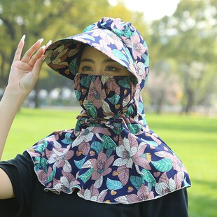 春夏棉绸大帽檐防晒帽女护颈遮脸披肩太阳帽骑车干活防风尘采茶帽