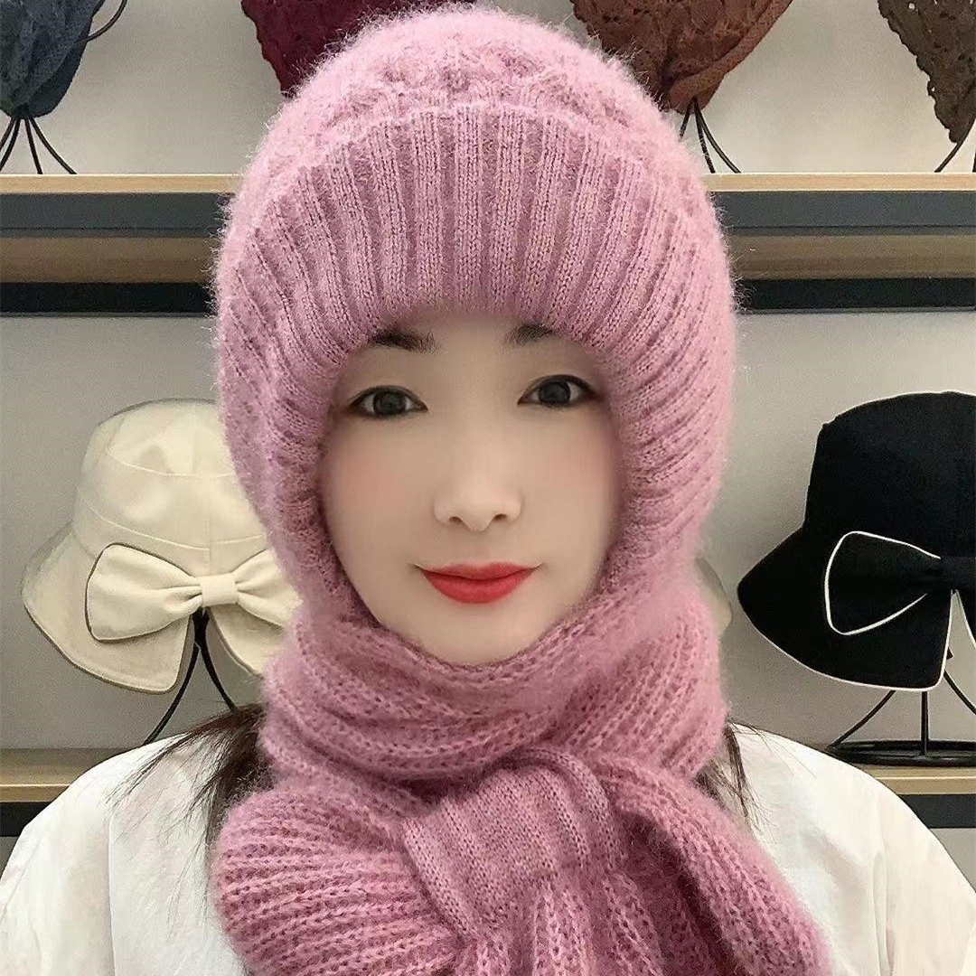 加绒秋冬松鼠绒毛线帽子围巾一体