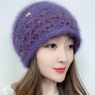 冬季新款双层针织镂空花松鼠绒保暖堆堆帽小卷边护耳包头女士帽子