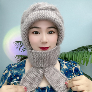 2025新款加厚保暖围巾连体针织帽子女手工编制毛线帽显脸小风雪帽