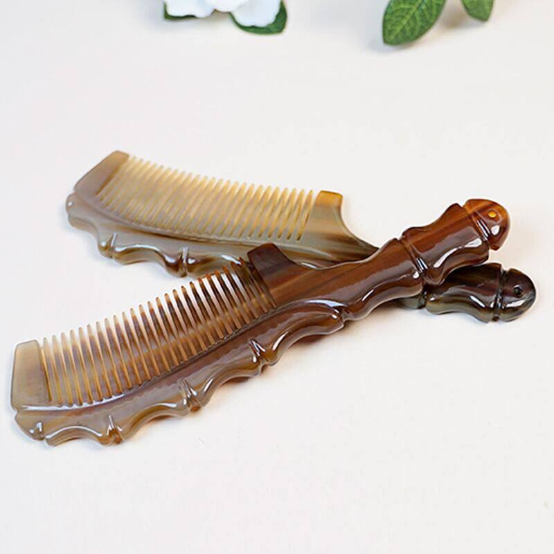 天然真品牛角家用黑花竹节梳防静电牛角梳加厚牦牛角经络按摩梳批