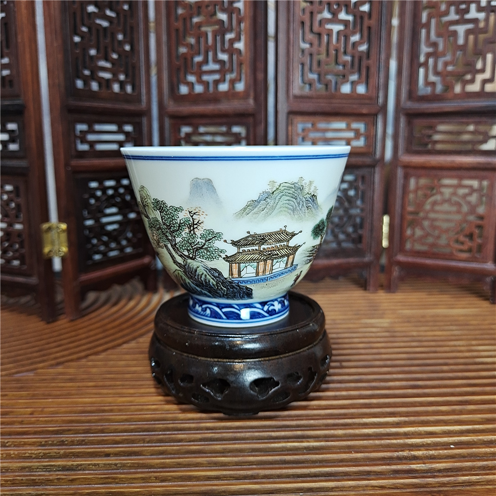 景德镇陶瓷功夫茶具主人杯手工单个品茗杯粉彩山水瓷器水杯茶杯子