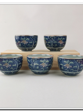 国内现货日本进口 有田烧风之木窑手绘古染付唐草纹5客汤吞日式瓷