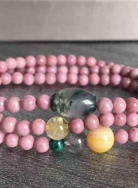 天然玫瑰石4毫米三圈手链 金发晶 拉长石 玛瑙路路通