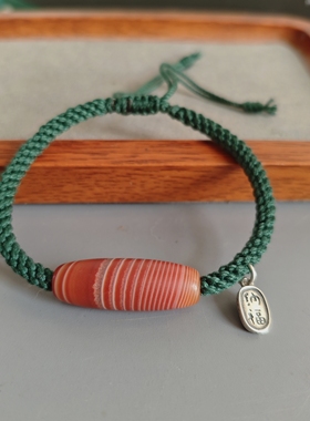 南红缠丝玛瑙路路通 手链 墨绿色绳编 银纳福牌 长度可调节 中式