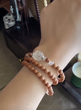 天然白水晶檀木三圈手链 五行喜金喜木