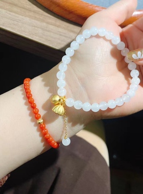 天然和田玉白玉两世欢手链，直径约6mm