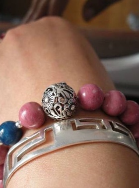 天然玫瑰石 靛蓝晶 925银 花珠 女款 桃花 爱情 手链