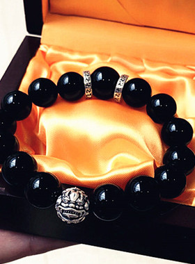 银貔貅乌鸦血石12MM男生手链