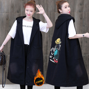 宽松加厚棉背心马夹女坎肩外套 牛仔马甲超长款 加大码 200斤秋冬装