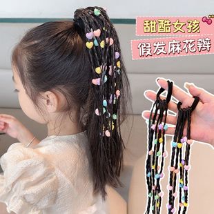 新款儿童爱心假发辫发圈女童高马尾免扎发神器小女孩甜酷拳击辫子