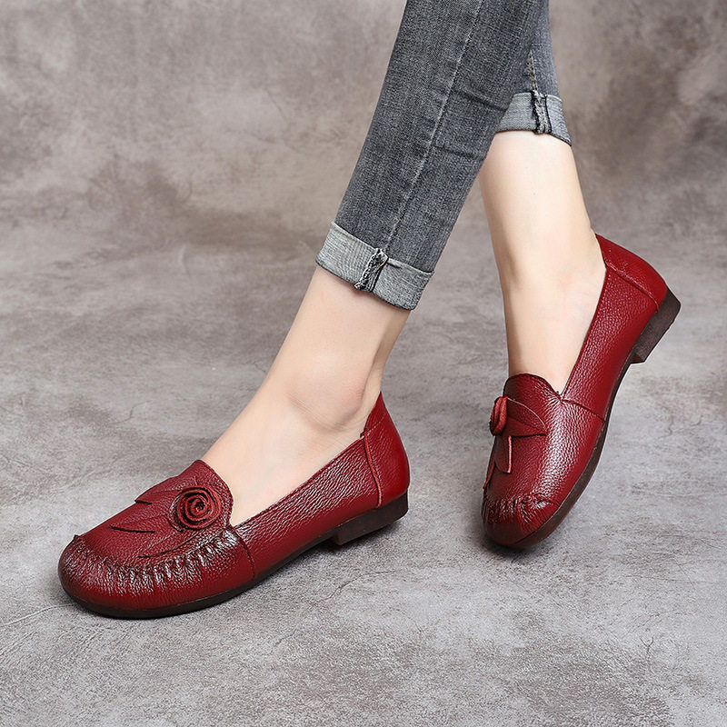 真皮复古妈妈皮鞋民族风牛筋软底豆豆鞋中老年防滑平底舒适女单鞋,女鞋,浅口单鞋,淘宝优惠券,粉丝福利购,淘宝优惠卷