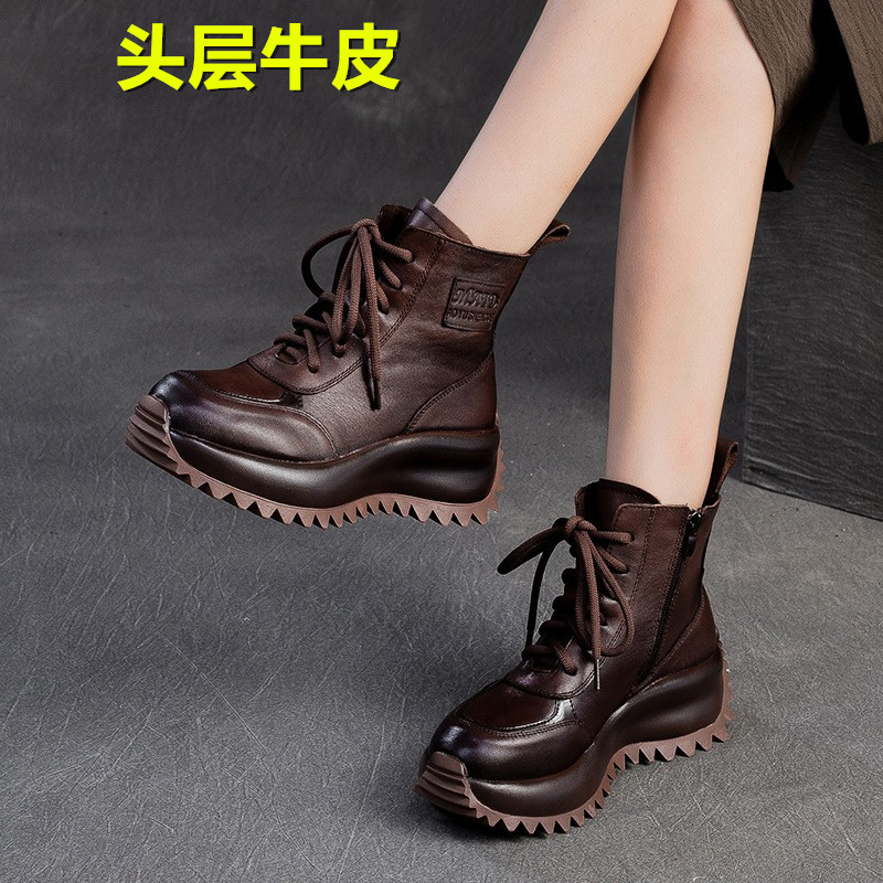 头层牛皮秋冬新款厚底复古马丁靴女休闲时尚真皮英伦风女靴子短靴