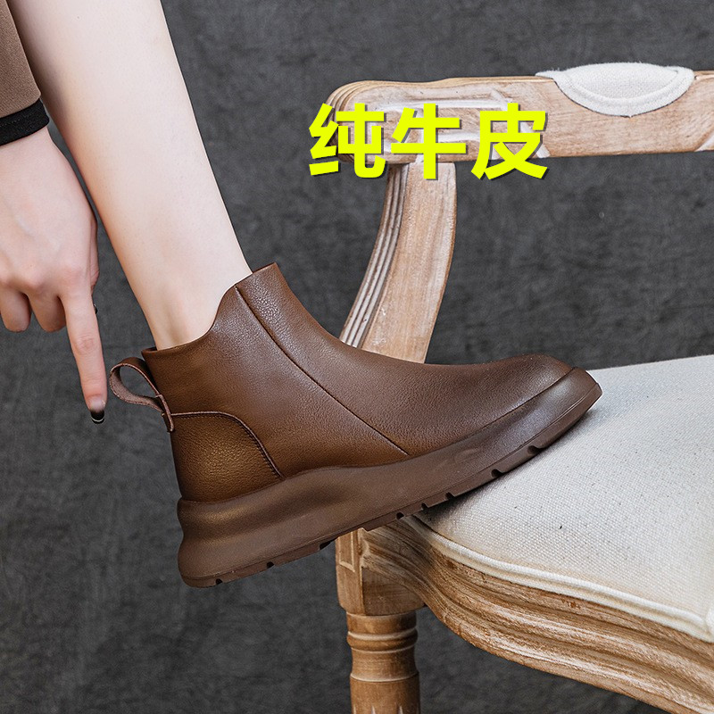 真皮女鞋秋冬二棉软底平底舒适复古厚底春秋轻便单靴休闲牛皮短靴