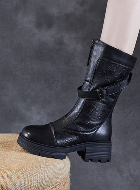 高端~头层牛皮~压花马丁靴女2025秋冬新款厚底真皮中筒靴黑色女鞋