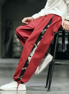 25A12C7拼接唐装男裤子夏秋款中国风直筒束脚裤新中式棉麻九分裤