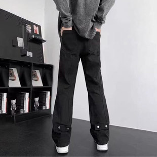 23106美式纯黑色加绒牛仔裤男士冬季设计感裤子潮流高街微喇长裤
