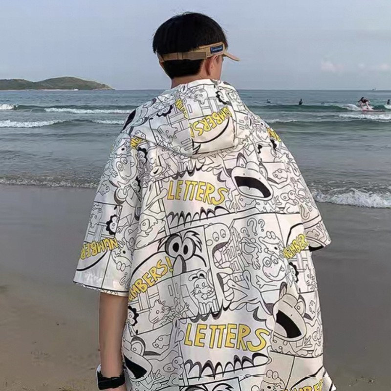 夏季字母印花连帽短袖衬衫