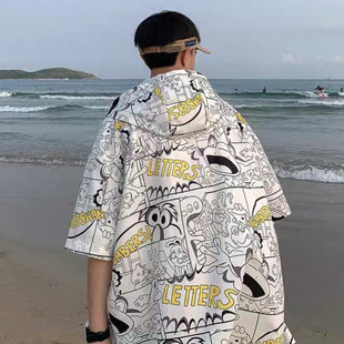 宽松潮流半袖 25D5B1夏季 港风情侣款 衬衫 衬衣外套 字母印花连帽短袖