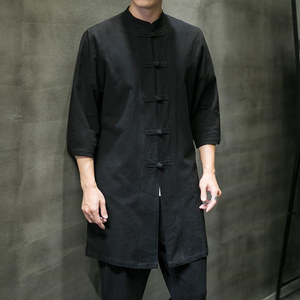 棉麻复古衬衫外套夏季中国风汉服男盘扣唐装中长款道家禅修居士服