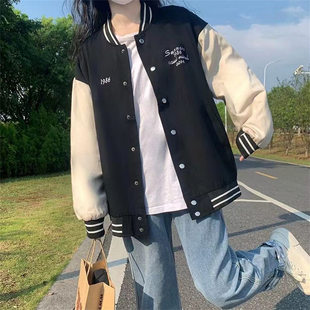 学生宽松百搭撞色夹克上衣 韩版 25B8D1秋季 情侣棒球服外套男女新款