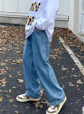 KZ912秋冬季工装牛仔裤男士美式潮牌直筒裤情侣宽松复古阔腿裤子