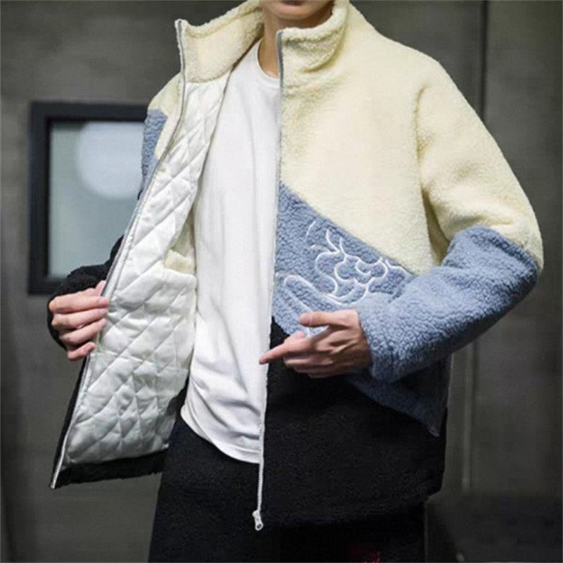 JK38仿羊羔毛外套冬季加绒加厚潮流百搭宽松立领棉服情侣拼色棉衣