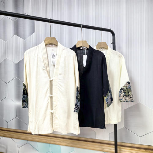 中国风棉麻衬衫男中式复古半截袖