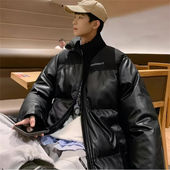 韩版 PL01美式 潮牌pu皮棉衣冬季 情侣拼接立领棉服休闲帅气棉袄外套