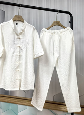 24C11B4夏季新中式唐装套装中国风休闲纯色复古盘扣短袖衬衫一套