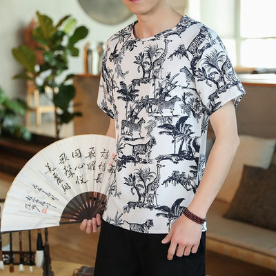 25A8D3新中式夏装盘扣带口袋半袖t恤短袖大码夏季休闲圆领上衣服