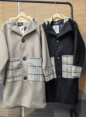 25C6A6秋冬新款拼接撞色毛呢外套男女中长款赫本风宽松连帽呢大衣