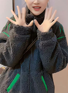 25C12A6冬季时尚颗粒绒毛外套男女撞色立领保暖棉服宽松情侣棉衣